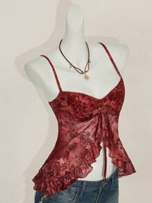 SHEIN ICON Top de tirantes tipo bata con estampado floral, volantes y escote en V, estampado de paisley al estilo bohemio de Hawai, fashionable y sexy para el verano