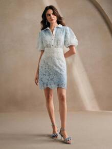 Anewsta Elegant Collared Bubble Sleeve Gradient Lace Print Rhinestone Button Waist Cinched Summer Women's Mini Dress - Baby Blue - View 5