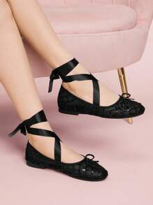 CUCCOO DOLLMOD 女士时尚优雅亮片蝴蝶结装饰平底鞋 - 黑色 - 查看 3