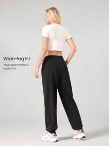 GLOWMODE Quần chạy bộ cạp rút có thể điều chỉnh, dáng rộng, giặt bằng lông cừu hàng ngày, có túi bên hông, mặc thường ngày - màu đen - Xem 2