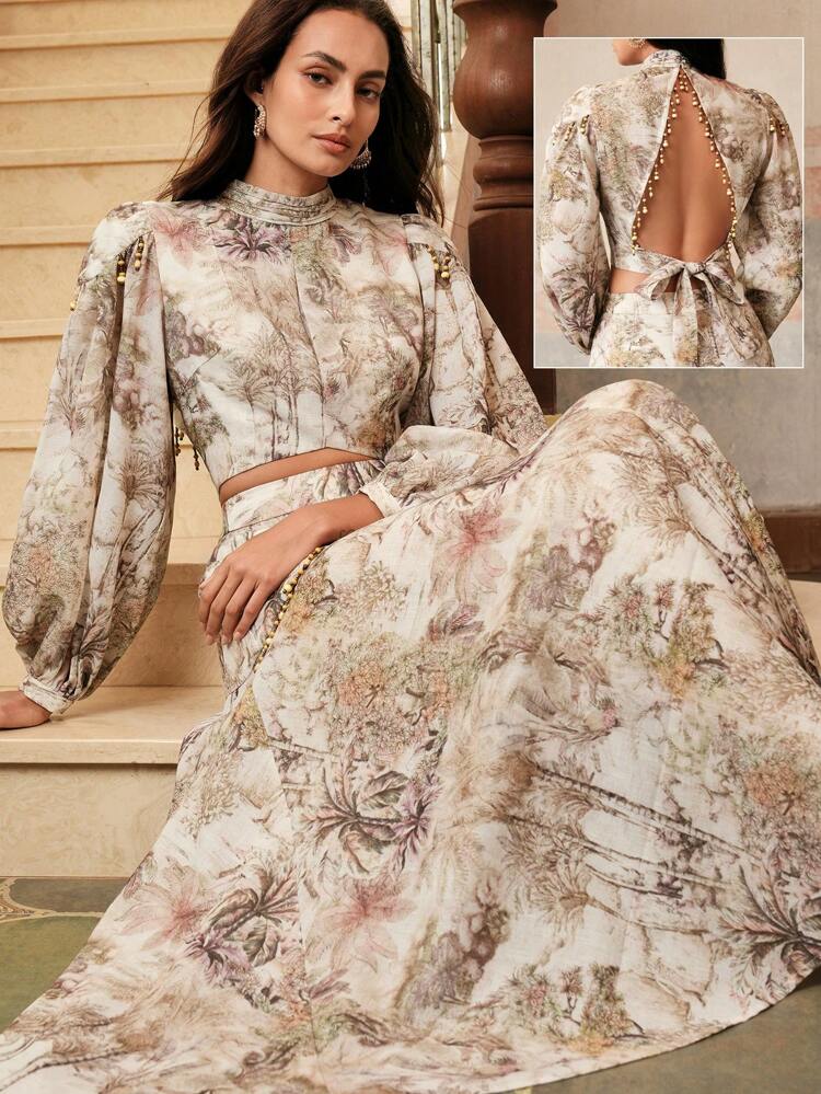 Conjunto de 2 piezas de mujer con camisa superior con estampado floral de manga farol y espalda descubierta con nudo, y falda midi con volantes, ideal para vacaciones, festivales, graduación en primavera/verano