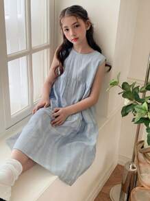 Hapijoa Váy không tay cổ tròn viền bèo nhún màu trơn cho bé gái tuổi mới lớn, trang phục mùa hè cho bé gái, quần áo trở lại trường - Màu xanh nhạt - Xem 4