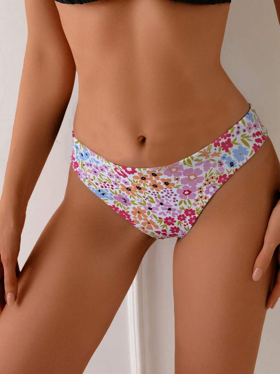 Swim Mod Floral Print High Waist Triangle Bikini Bottoms For Summer Beach Vacation - Multicolor - View 1