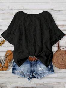 Linhara Plus Size Short Sleeve Plain Round Neck Shirt, Fashionable For Summer - Black - View 2