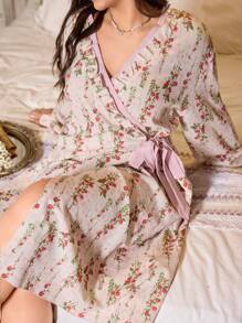 CottageSlumber CottageSlumber Plus Size Floral Print Long Sleeve Robe With Frill Trim And Waist Tie Detail, Fall
