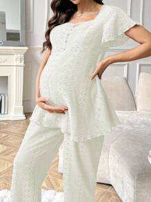 Moonlight&Mama Conjunto de pijama con pantalón largo, cuello cuadrado y mangas con volantes estampado jacquard para mujer embarazada - Beis - Ver 6