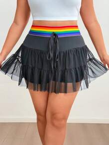 SHEIN MOOSTA Basic Casual Sports Rainbow Patchwork Waistband Functional Pocket Leggings Skirt - Black - View 3