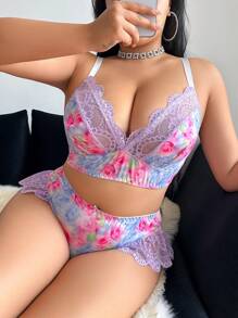 SHEIN 2件套大码印花蕾丝拼接无钢圈文胸套装 - 彩色 - 查看 5