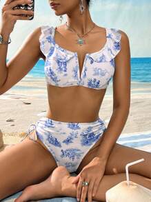 Swim Vcay Summer Holiday Fabric Refreshing Scenery Print Ruffled Hem Bikini Sets - Blue and White - View 5