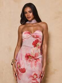 SHEIN BAE 女士花卉印花扭纹设计优雅抹胸连衣裙 - 粉色 - 查看 7