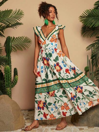 Travachic Women's Tropical Print V-Neck Cap Sleeve Backless Dress, Vacation,Summer,Summer Outfits For Women,Beachwear,Beach Outfits For Woman,Vacation Outfits Women,Concert Outfit Women,BOHO,Tropical Vacation Woman Clothes,Summer Dresses For Women,Holiday Outfits,Bohemian Clothes Vacation Dress