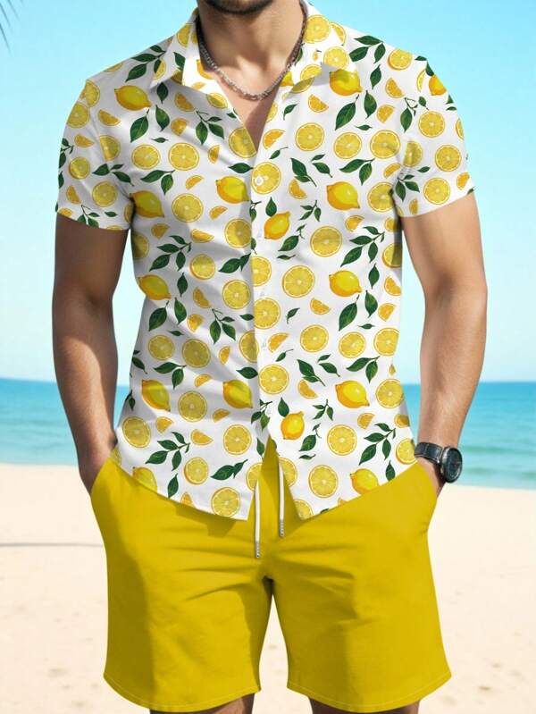 Manfinity RSRT Plus Size Men's Lemon Print Lapel Shirt And Shorts Set