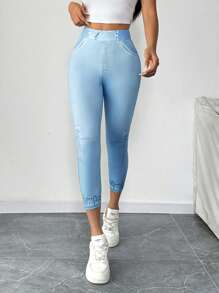 SHEIN Clasi Quần dài in họa tiết thường ngày cho nữ - Màu xanh lam - Xem 4