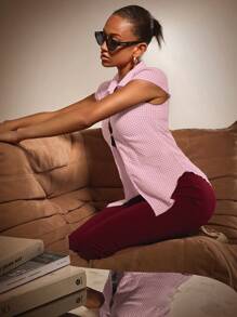 Athîral Women's Simple Plaid Short Sleeve Shirt, Everyday Wear - Pink - View 2