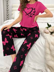Heart & Butterfly Print Women Pajama Set, Short & Long Style