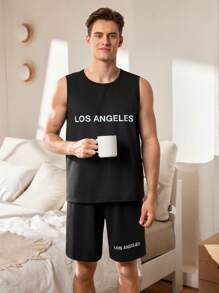 男士字母印花圆领背心和短裤睡衣套装