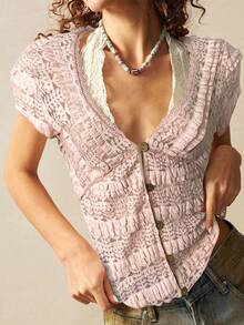 Bohemela Áo cánh tay ngắn cổ chữ V màu trơn vừa vặn cho nữ Áo ren cho nữ Áo móc cho nữ Áo dệt kim cho nữ Áo mùa hè cho nữ Áo ren cho nữ - Hồng - Xem 1