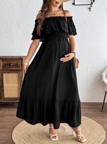 SHEIN 孕妇夏季休闲纯色露肩连衣裙 - 黑色 - 查看 3