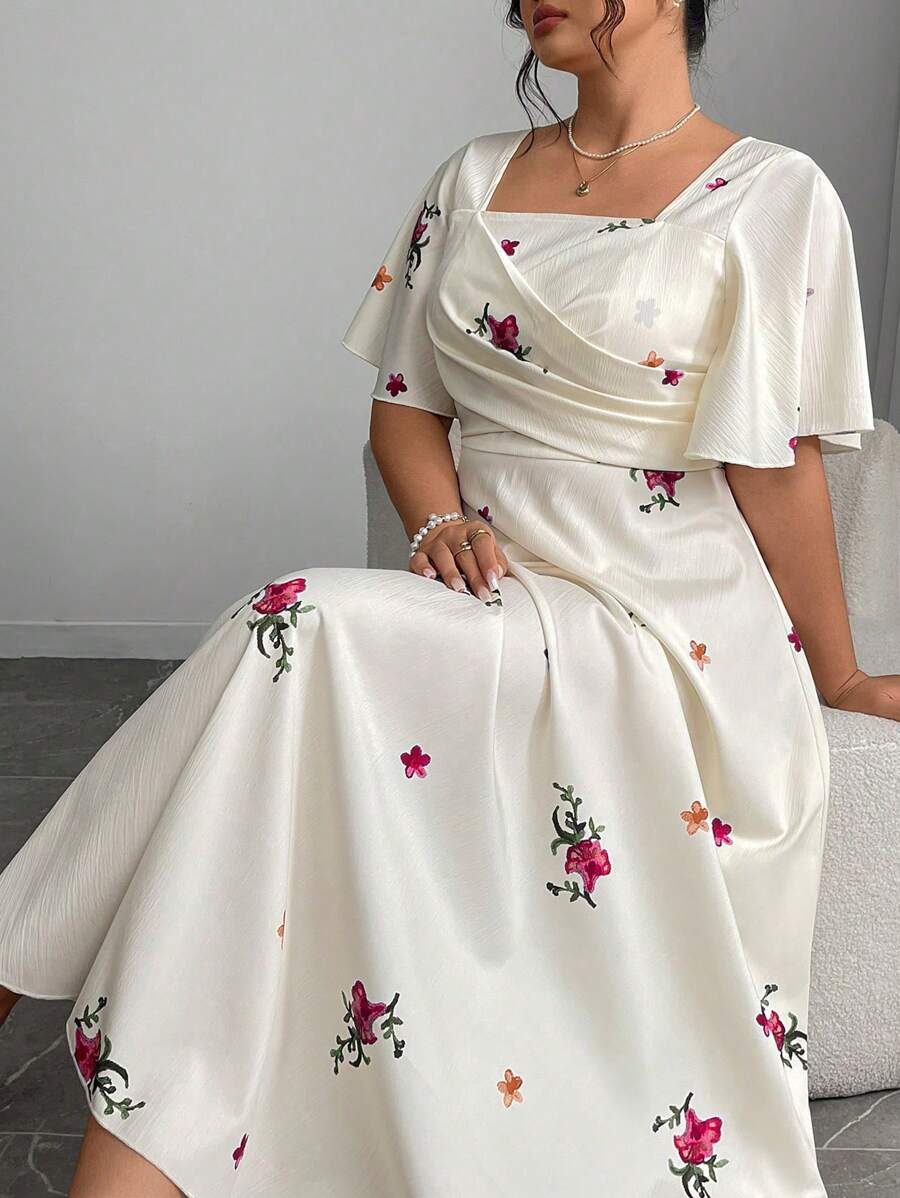 Modelyn Đầm Maxi Tay Phồng In Hoa Thanh Lịch Cổ Vuông Thời Trang Mùa Hè Cho Nữ Cỡ Lớn - Đỏ - Xem 1