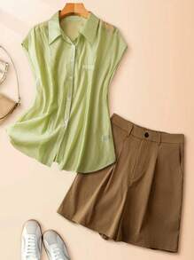 SHEIN LUNE CURVE Set de 2 piezas para mujer: Camisa de manga corta con cuello y shorts de verano - Multicolor - Ver 1