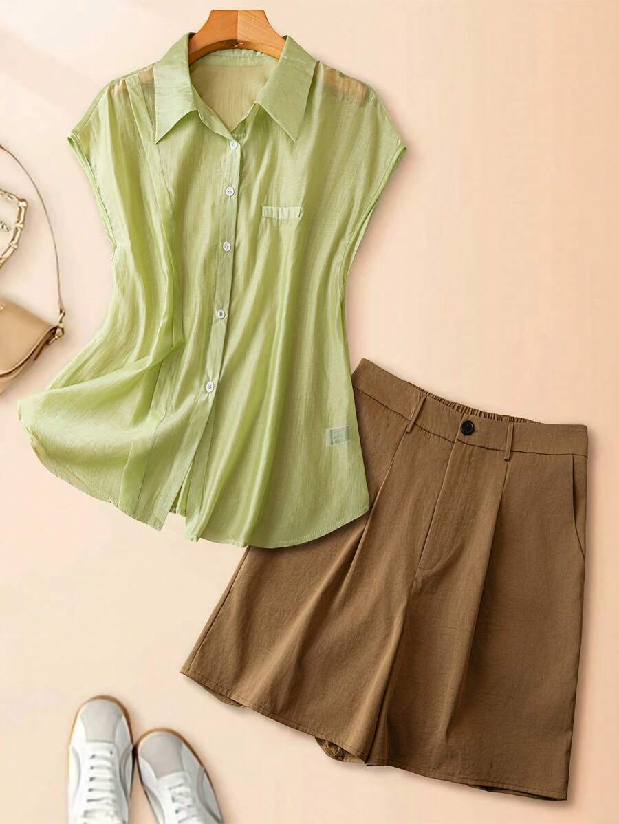 SHEIN LUNE CURVE Set de 2 piezas para mujer: Camisa de manga corta con cuello y shorts de verano - Multicolor - Ver 1