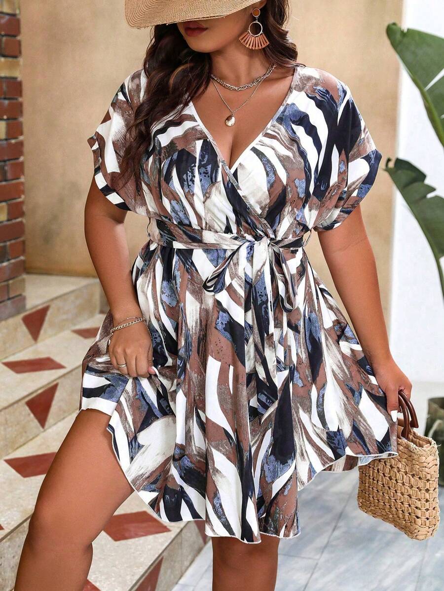 SHEIN LUNE Plus Size Women's Vacation Allover Print Overlap V-Neck Batwing Sleeve Casual Dress - Blue - View 1