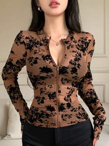 DAZY 透明蕾丝和花卉植绒边开衫衬衫，长袖女式上衣，秋季女装 - 棕色 - 查看 9