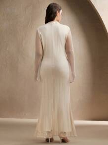 Anewsta 女士奢华全水钻长袖连衣裙，优雅迷人 - 杏色 - 查看 2