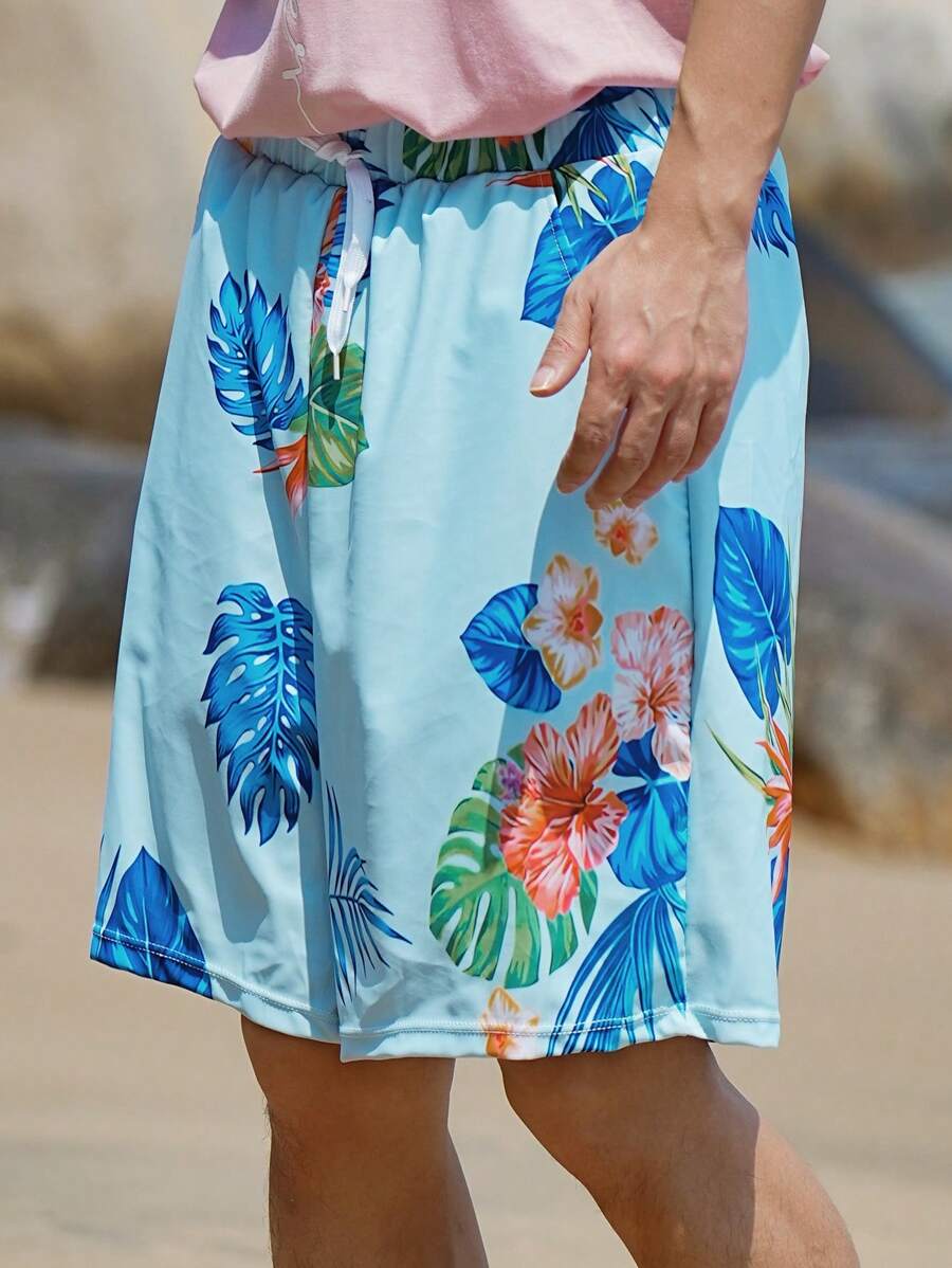 Quần short đi biển họa tiết hoa màu xanh dành cho nam mùa hè, phong cách Hawaii - Màu xanh lam - Xem 1