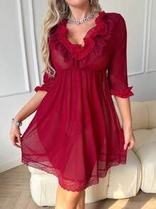 SHEIN Women V-Neck Ruffle Mesh See-Through Mid-Sleeve Nightgown - Burgundy - View 3