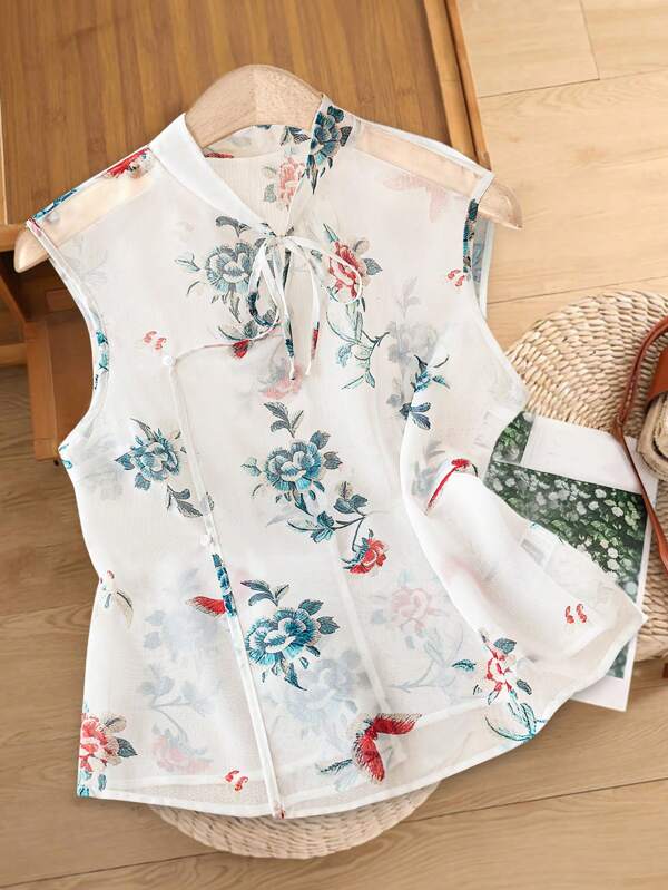 SHEIN PETITE Bluză fără mâneci cu guler mandarin și imprimeu floral din șifon în stil chinezesc pentru femei