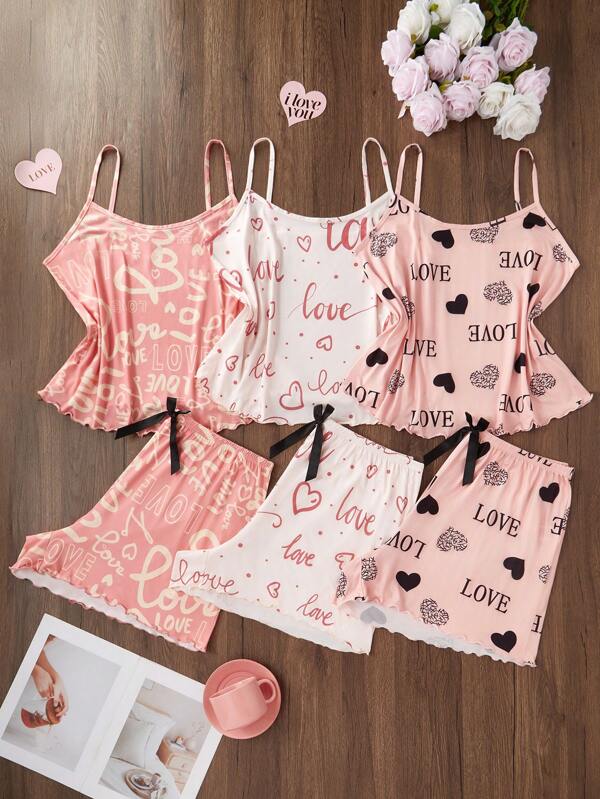 SHEIN 6 pièces Ensemble de vêtements de nuit Sisterhood: Débardeur et short grande taille imprimé lettres et cœurs