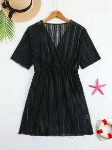 1 件青少年女孩沙滩裙罩衫，透明网眼面料，度假泳装 - 黑色 - 查看 1