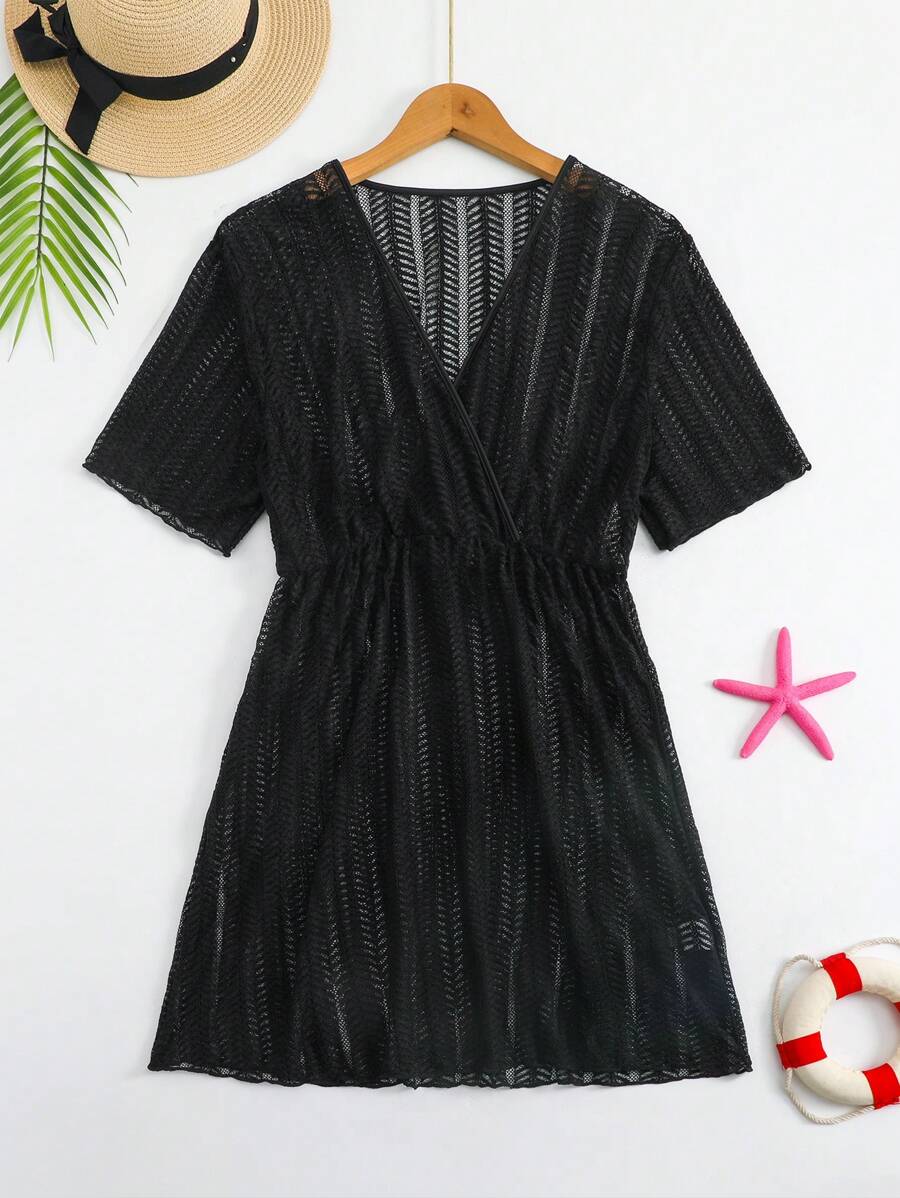 1 件青少年女孩沙滩裙罩衫，透明网眼面料，度假泳装 - 黑色 - 查看 1