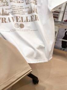 SHEIN 2pcs Tween Boys Casual Colorblock Blue, Army Green, Khaki, Black Striped & Letter Print Short Sleeve T-Shirt And Drawstring Shorts Set, Suitable For Home, Outing, School, Holiday, Travel, Spring/Summer