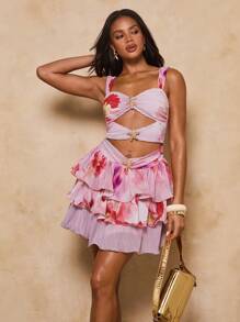 SHEIN BAE Women's Tie-Dye Print Hollow Star Decor Dress