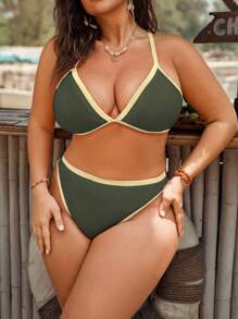Swim Mod Conjunto de bikini sexy de 2 piezas para mujer de tallas grandes con bloqueo de color, tirantes finos, copas triangulares, abertura y uso casual en la playa o vacaciones