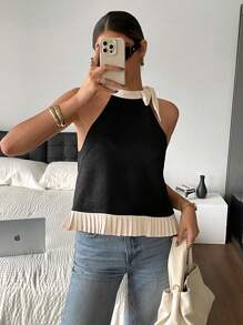 SHEIN Frenchy Top halter con volantes en el bajo, contraste de color para mujeres - Negro - Ver 3