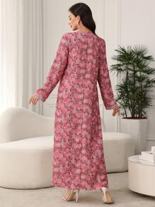 Lacomfia Modisches, weites Mittellanges Kleid im muslimisch-nahöstlichen Stil, Dubai-Stil Abaya, dezent - Pink - Übersicht 2