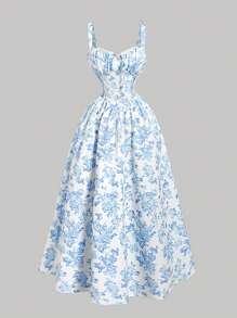 SHEIN MOD 复古优雅蓝白花卉长裙，胸部褶饰，领口蕾丝花边，腰带，背部系带细节 - 藍白色 - 查看 1