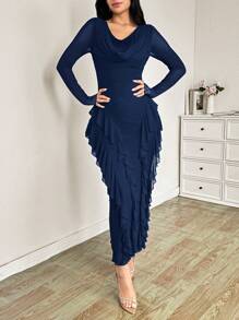 Modelyn Women's Long Elastic Mesh Scoop Neck Ruffle Hem Bodycon Elegant Dress, Spring/Summer - Navy Blue - View 5