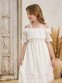 SHEIN Tween Girl Vacation Contrast Lace Ruffle Trim Cold Shoulder Mini Dress - White - View 4