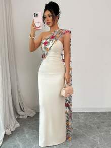 Chiquease 女士优雅刺绣网眼披肩针织紧身连衣裙，无袖 - 杏色 - 查看 3