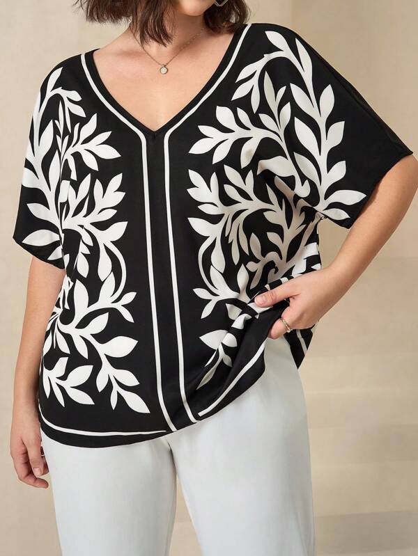 Chikora Plus Size Women V-Neck Short Sleeve Floral Print Shirt, Summer Women Plus Clothing Business Casual Women S Casual Tops Blouses For Women Summer Tops For Women Women Blouses Blouses For Women Elegant Business Casual Woman
