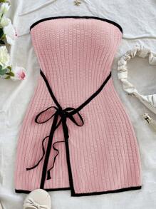 Soleia Casual Comfortable Contrast Color Lace-Up Fitted Sweater Dress - Pink - View 6