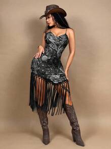 SHEIN SXY Gothic Style Tassel Decor Women's Slip Dress Vacation Dress - Black - View 6