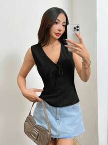 SHEIN EZwear 女士V领亚麻背心，适合夏季度假