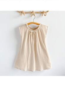 Loomiva Young Girl Casual Round Neck Bow Ruffled Hem A-Line Dress - Apricot - View 1