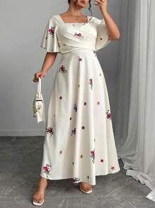 Modelyn Đầm Maxi Tay Phồng In Hoa Thanh Lịch Cổ Vuông Thời Trang Mùa Hè Cho Nữ Cỡ Lớn - Đỏ - Xem 7