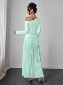Modelyn 2 件套女士春夏斜肩串珠花卉上衣和褶皱雪纺中裙套装 - 薄荷綠 - 查看 2